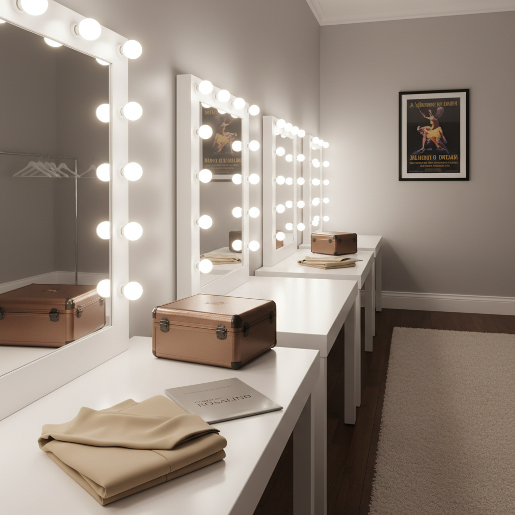 A serene dressing-room space in a Surrey theatre school, entirely empty of people, captured in photographic realism. A row of pristine white vanity tables with wide, frameless mirrors stretches into the distance, each mirror encircled by softly glowing round bulbs. On one table in the foreground rests a neatly folded neutral costume, a closed script labelled with a character name placeholder, and an elegant, lidded makeup case. The walls are painted a subtle dove gray, and a single theatre poster for a classic play hangs tastefully framed. The warm, balanced mirror lighting creates a flattering glow and gentle reflections, while the rest of the room falls into a soft, sophisticated haze. The mood is quietly glamorous and professional, suggesting preparation for both stage and screen performances.